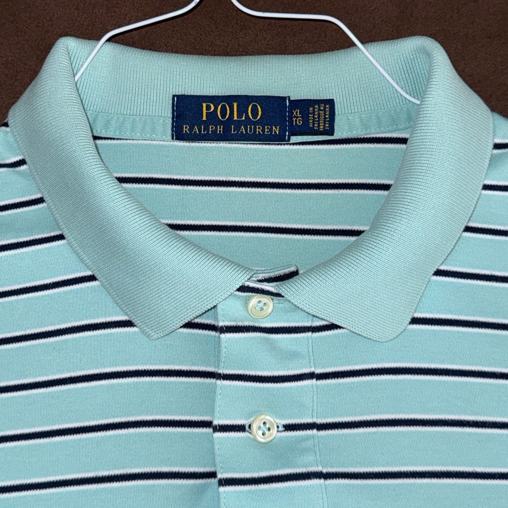 Polo Ralph Lauren Mens‎ Striped Short Sleeve Polo Shirt Aqua Navy XL - Picture 4 of 10